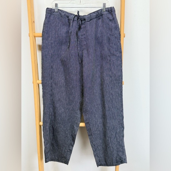 COLDWATER CREEK Navy Blue pinstriped 100% Linen Straight Leg Pants size L - Picture 1 of 12